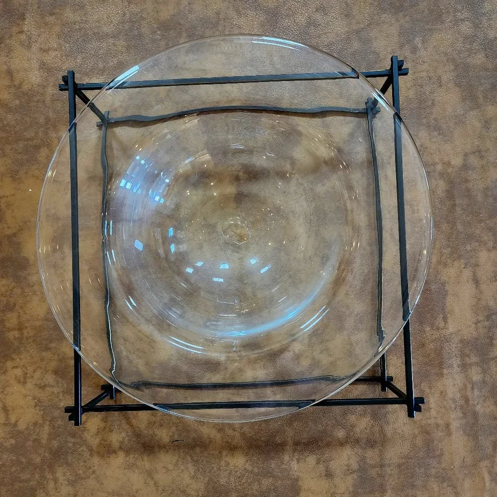 1998 NIB TWIG BOWL Center Piece Serving Handblown Glass Bowl Square Metal Frame